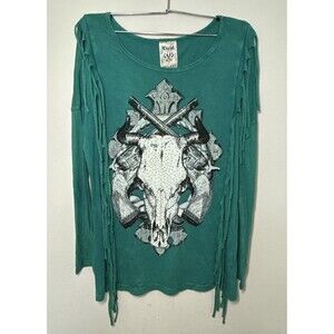 VOCAL Y2k Long Sleeve Shirt Green Tie Dye Skull Rhinestone Studded Fringe Sz M